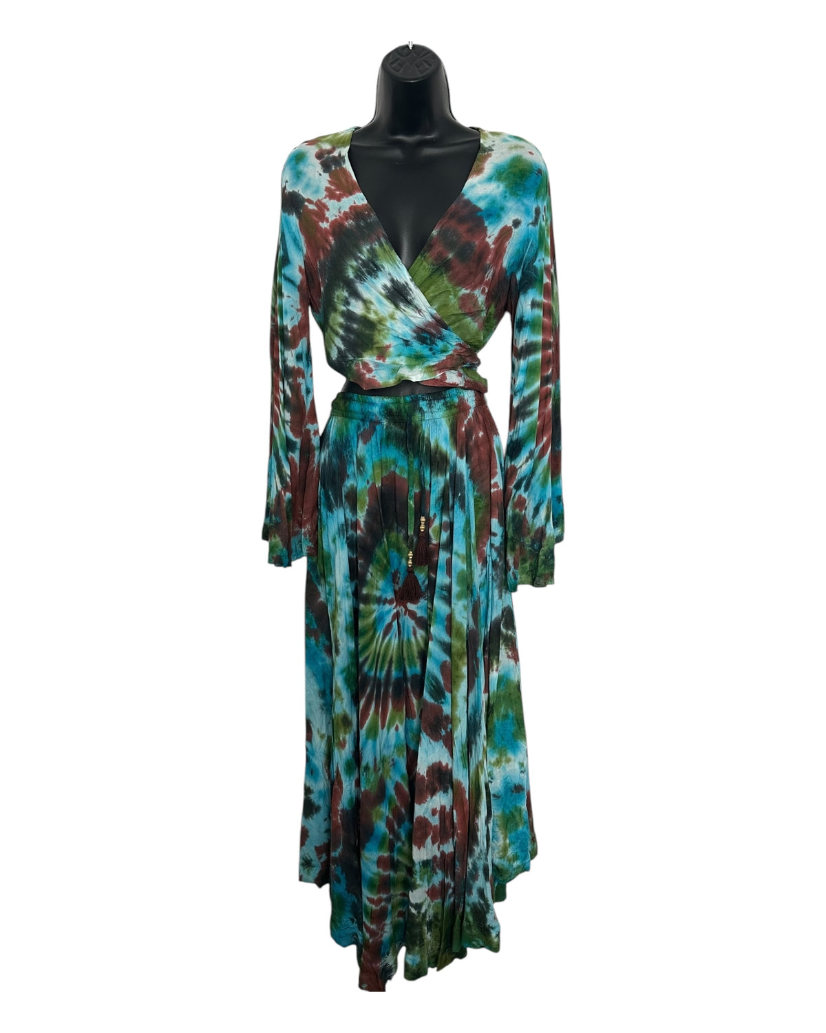 Boho Tie-Dye 2-Piece Set - Wrap Top & Flowy Skirt with Pockets