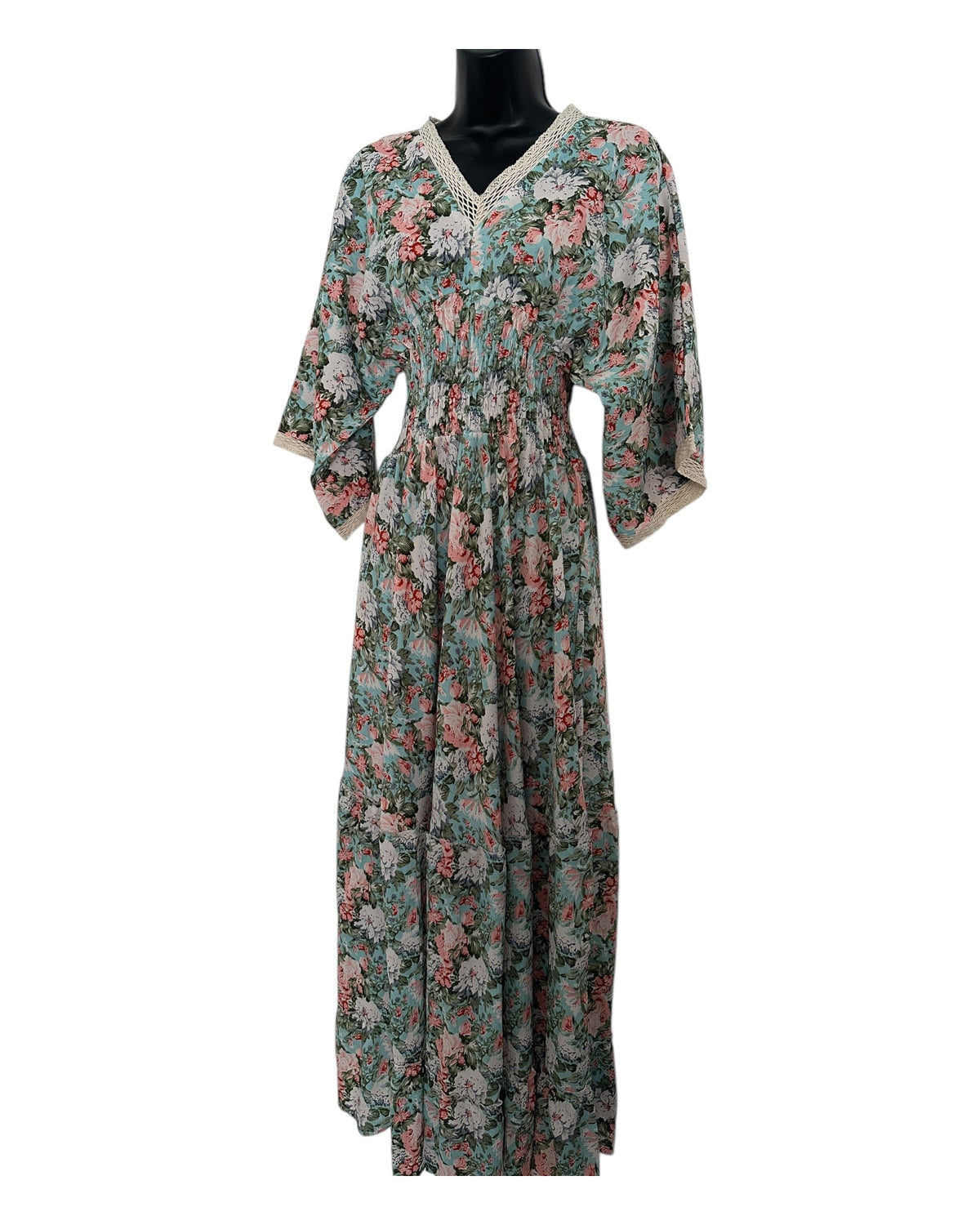 Boho Floral Maxi Dress with Crochet Trim