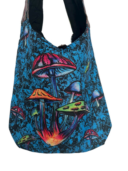 Bright blue cotton sling bag with multicolored psychedelic mushroom design.