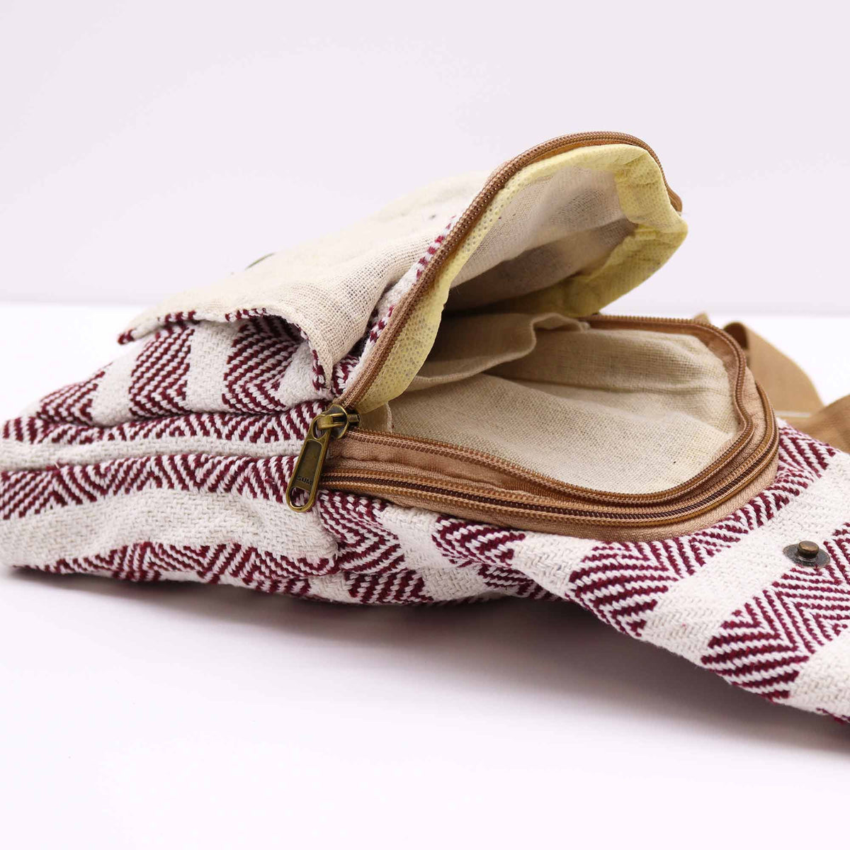 Natural Cotton Cross Body Bag - Burgundy & White
