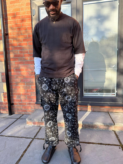 Boho Celestial Trousers | Handmade Nepal Organic Cotton Pants | Unisex Festival Trousers | Sun Moon Star Pants | Hippie Clothing