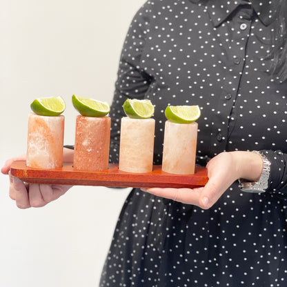 Himalayan Salt Shot Glasses & Wood Serving Stand - Set of 4